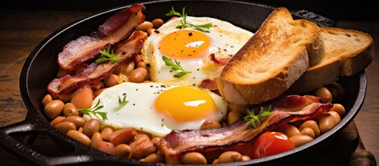 Sizzling Pan of Breakfast Delights: Scrambled Eggs, Crispy Bacon, and Savory Beans