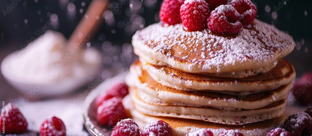 Poster a delicious stack of fluffy pancakes covered in a generous dusting of powdered sugar and topped with