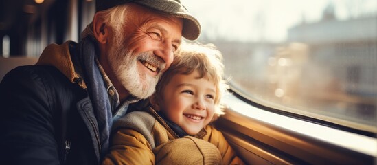 Intergenerational Connection: Thoughtful Older Man and Cheerful Girl Enjoy Time Together on a Train Ride