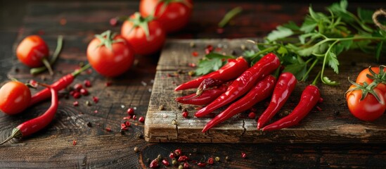 A wooden cutting board is filled with a variety of vibrant red peppers, creating a colorful and appetizing display.