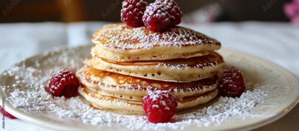 Poster a stack of fluffy pancakes topped with a generous dusting of powdered sugar and vibrant raspberries.
