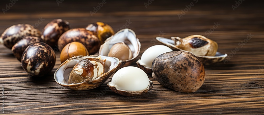 Poster assorted nuts display on rustic wooden table - healthy snacking concept