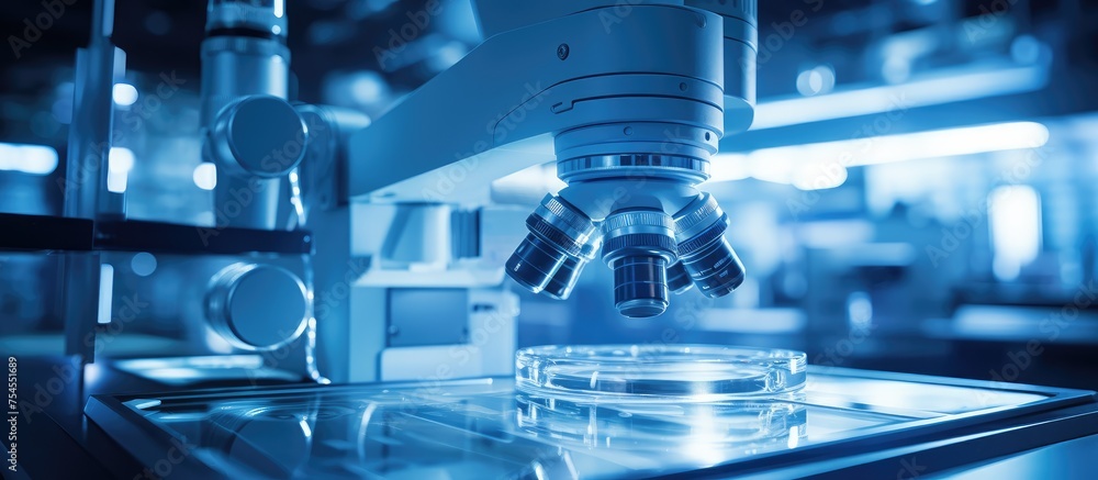 Poster exploring the wonders of science: microscope close-up with lab equipment in background