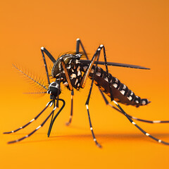 Macro photograph of a mosquito, an arthropod pest, on an orange background - obrazy, fototapety, plakaty