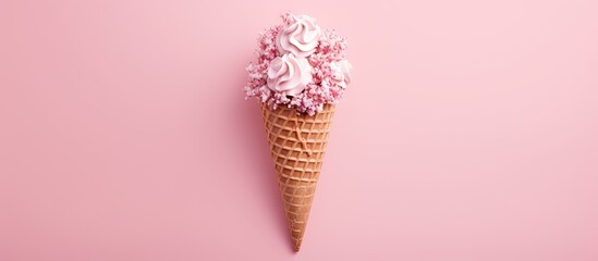 Delicate Spring Concept: Ice Cream Cone Adorned with Pink Flowers on Soft Pink Background