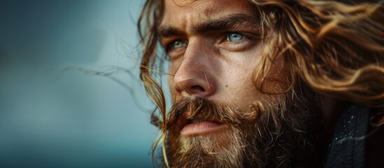 A close-up view of a man featuring long hair and a beard. - obrazy, fototapety, plakaty