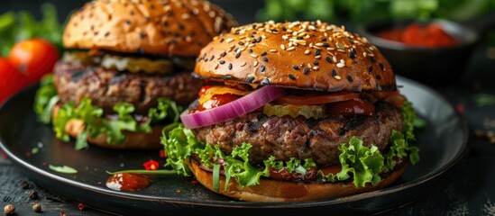 Two hamburgers with crisp lettuce and juicy tomato slices served on a sleek black plate.