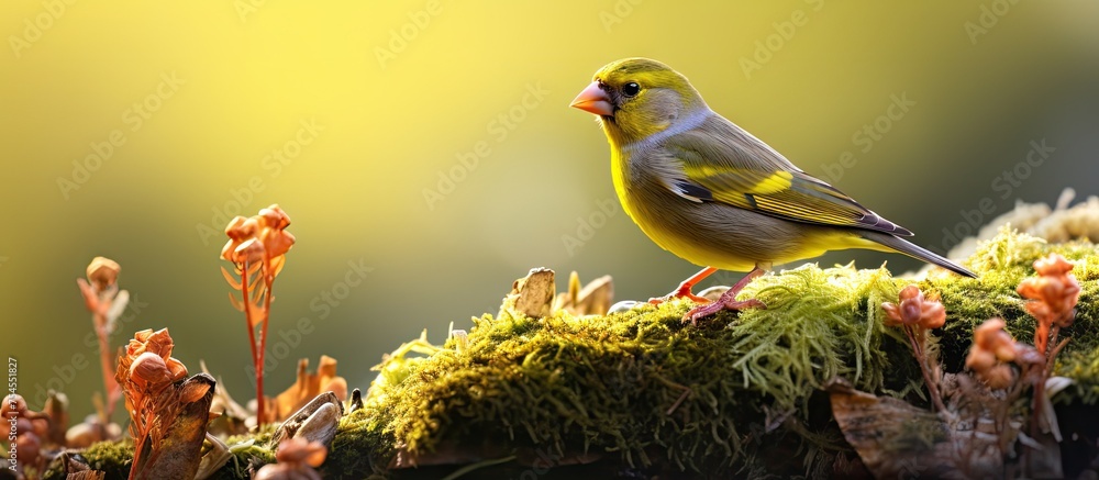 Poster graceful bird resting on verdant moss covered tree branch in serene forest setting
