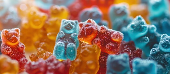 Multiple colorful gummy bears seated closely in a row. - obrazy, fototapety, plakaty
