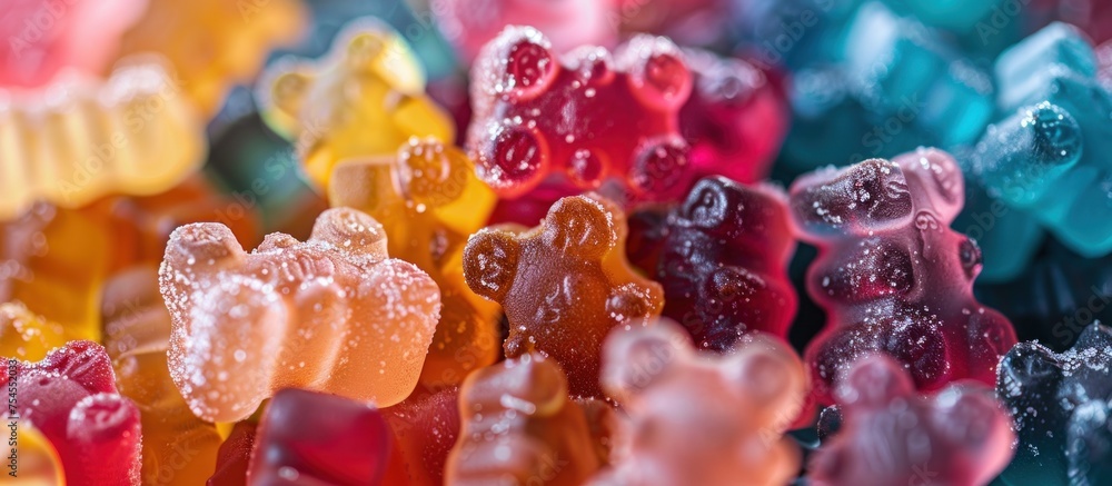Poster a close-up view of a vibrant group of gummy bears sitting next to each other in a static position.
