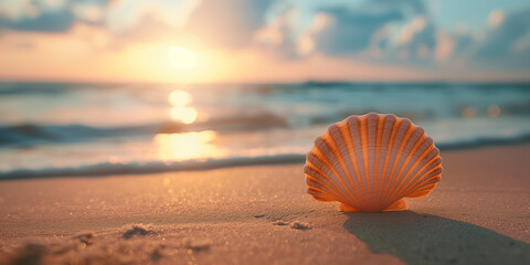 Beautiful shell on the sand against the backdrop of the sea and sunset