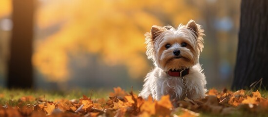 Adorable Canine Companion Sitting Serenely among Fallen Autumn Leaves