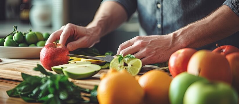 Young man slicing various fruits on wooden cutting board in a vibrant kitchen