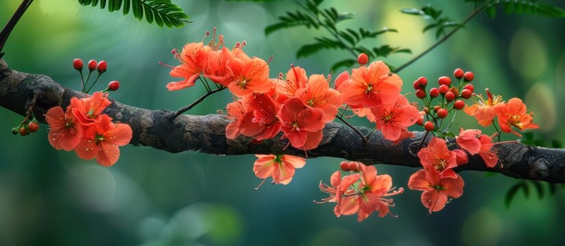 A branch of a Gulmohar tree showcasing vibrant red flowers in bloom.