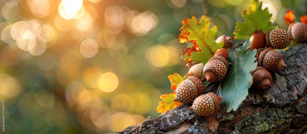 Poster a tree branch displaying acorns and leaves in a natural setting.