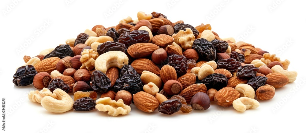 Poster a collection of various nuts and raisins neatly stacked on a plain white surface.
