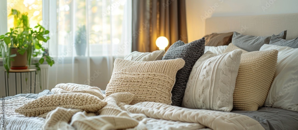 Poster a comfortable bed adorned with numerous pillows and blankets, creating a warm and inviting space for