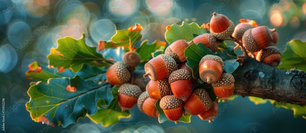 Poster detailed view of a tree branch with a cluster of acorns attached to it.