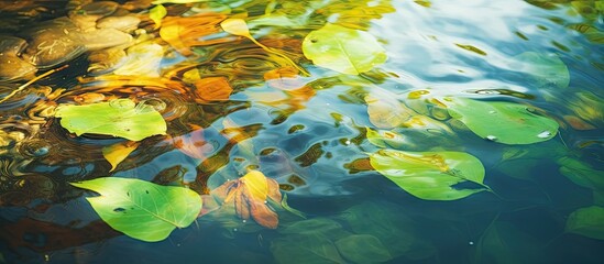Fototapeta na wymiar Tranquil Serenity: Leaves Drifting on Gentle Pond Surface Reflecting Nature's Harmony