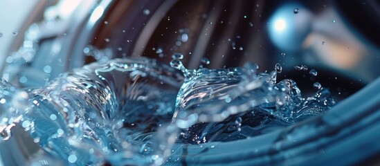 A detailed view of water gushing out from a spinning washing machine during a laundry cycle.