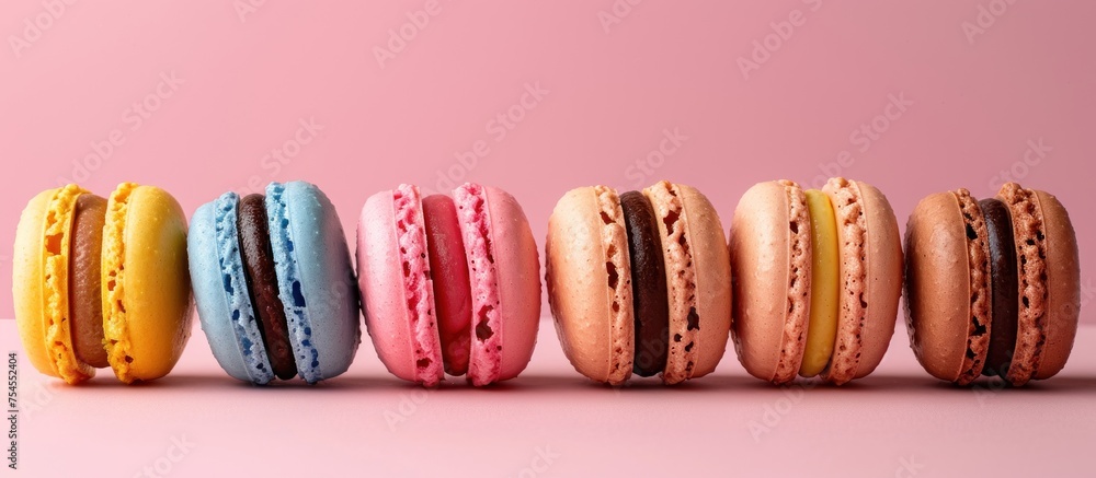 Poster a row of variously colored macaroons neatly aligned against a pink backdrop.
