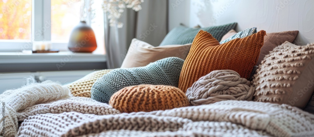 Poster multiple pillows neatly stacked on top of a bed, creating a cozy and inviting look.