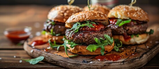Three juicy beef hamburgers topped with fresh lettuce and tomato slices, placed on a rustic wooden cutting board. - obrazy, fototapety, plakaty