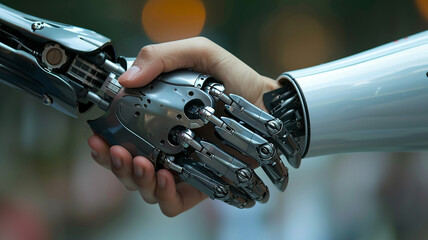 man hand handshake with cy-ber robot  - obrazy, fototapety, plakaty