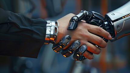 man hand handshake with cy-ber robot 