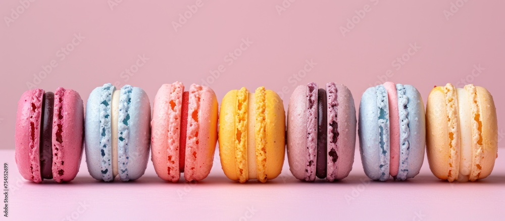 Poster a row of variously colored macaroons neatly lined up on a table surface.