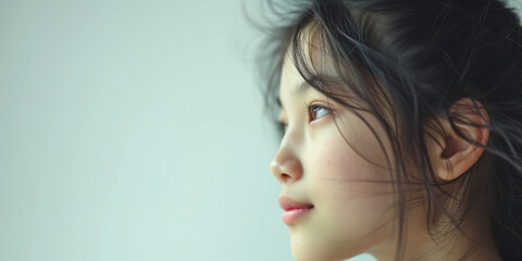 Young Asian woman in a contemplative gaze, light diffused softly in the background, highlighting her delicate features