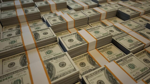 Dollar Bundles US American Dollar Bills Money - Camera flying over abundance of stacked &ndash; $100 Banknotes, 3D Render, close-up