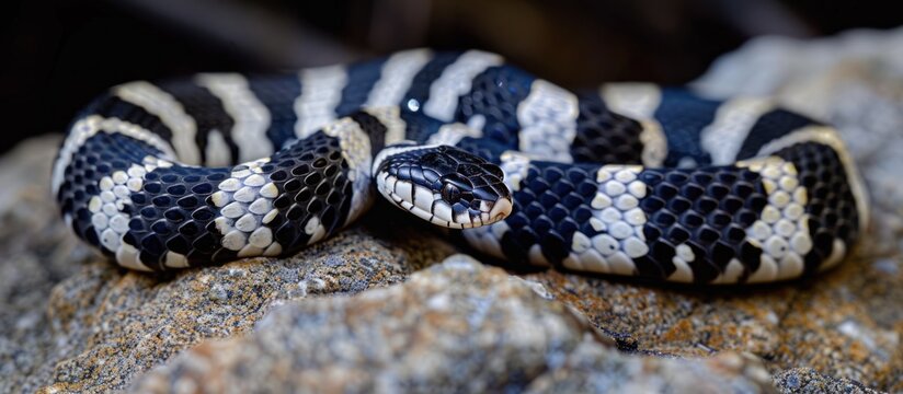 A detailed view of a California King Snake slithering across a rocky surface.