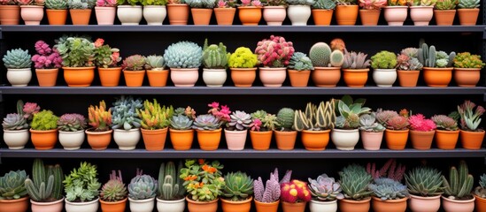A shelf displaying a wide variety of succulents in small pots, ranging in colors from yellow, pink, orange, to red.