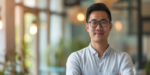 Smart Asian professional with glasses, exuding confidence in a casual shirt, standing in a cozy, ambient office
