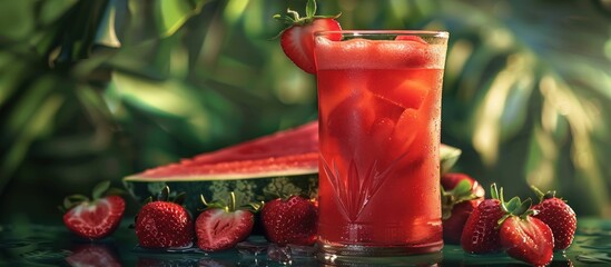 A glass of watermelon juice surrounded by vibrant strawberries on a table.