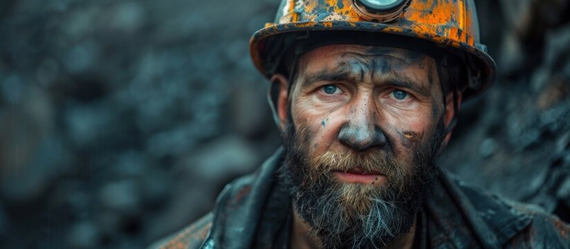 A Ukrainian coal miner stands prepared wearing a hard hat and a gas mask for protection in a coal mining environment. - Powered by Adobe