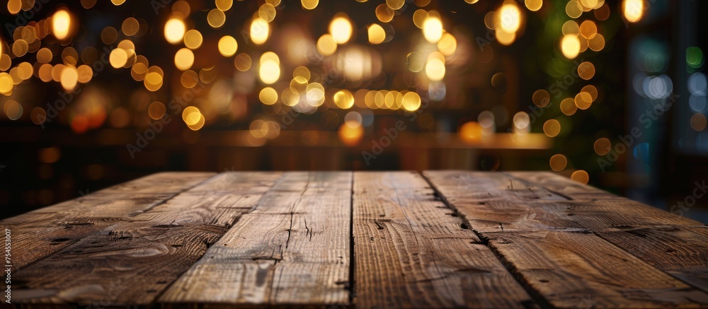Poster a wooden table is featured in the foreground with bright lights in the background, creating a warm a