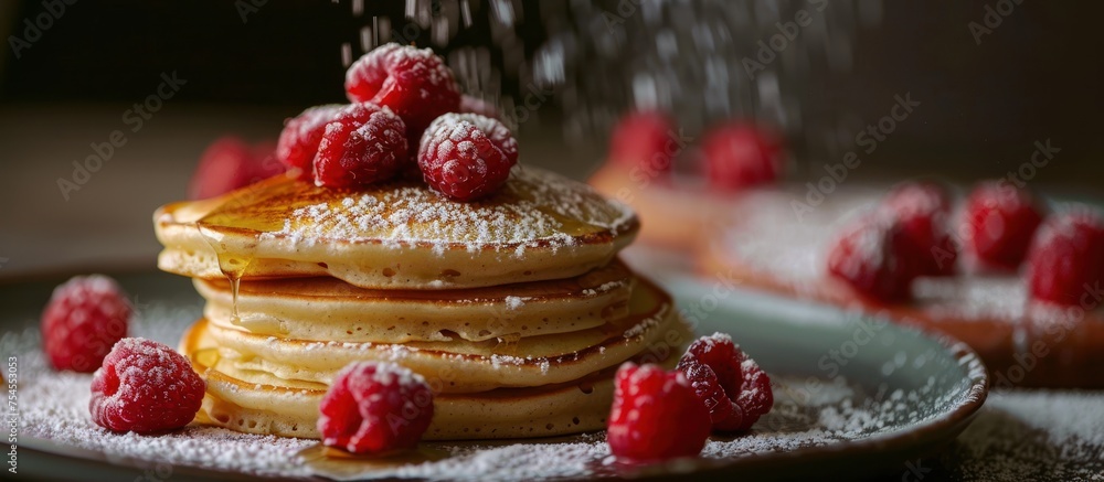 Poster a stack of pancakes topped with a generous dusting of powdered sugar and fresh raspberries, creating