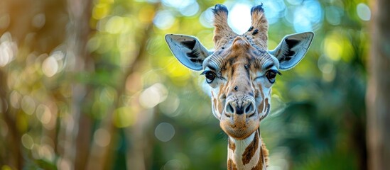 A detailed view of a giraffes face against a backdrop of trees in the background.
