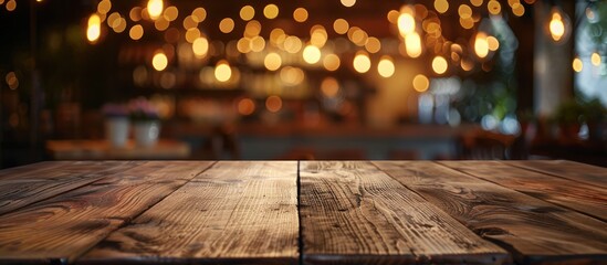 A wooden table top is the main focus of the image, with blurred lights in the background creating a soft glow. - obrazy, fototapety, plakaty
