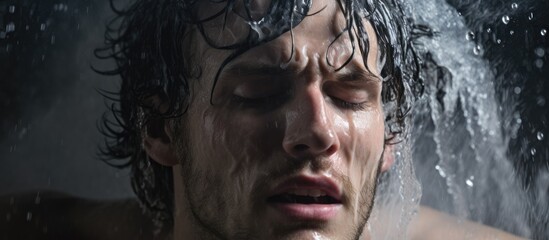 Fototapeta premium Relaxing Moment: Man Enjoying a Refreshing Shower with Water Running Over His Head