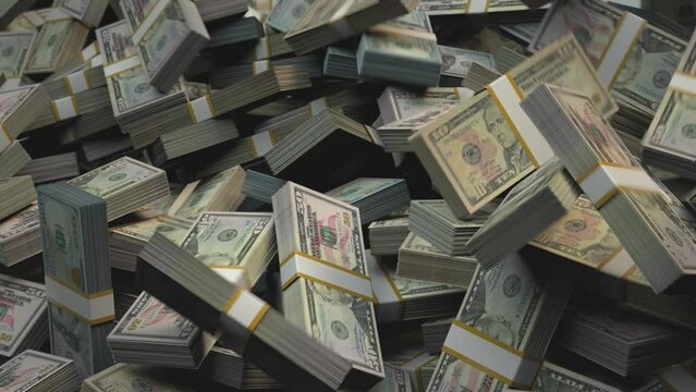 Dollar Bundles Money Bills Falling Dollars Dropping US American Currency USD Money Pile 3D Render 