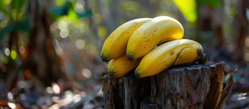 Ripe bunch of bananas placed on a tree stump.