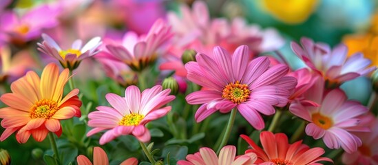 Close-up view of a vibrant bunch of flowers neatly arranged in a vase, showcasing a variety of colors and shapes.