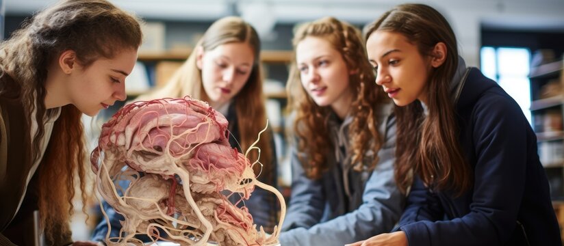 Enthusiastic Young Girls Fascinated by Detailed Human Model in Educational Setting