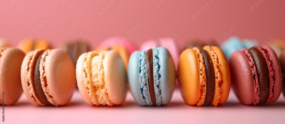 Poster a row of vibrant macaroons lined up neatly on a soft pink tabletop.