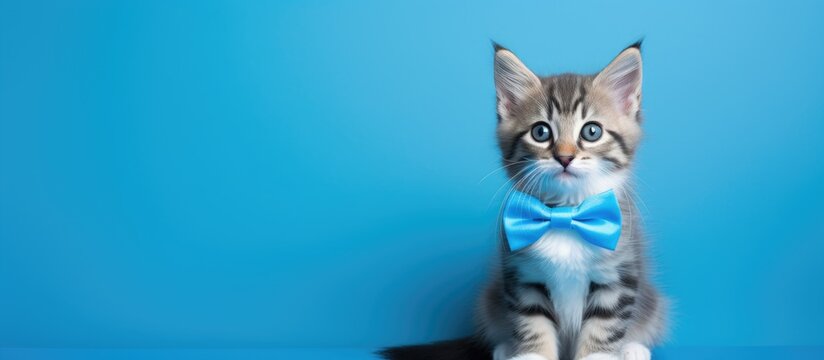 Adorable Kitten Posing with a Blue Bow on a Wooden Table in a Cozy Indoor Setting