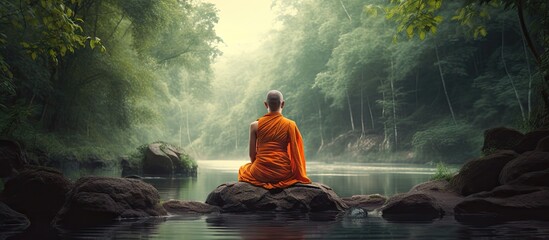 Solitude and Tranquility: Contemplative Person Finds Peace by Sitting on a Rock in a Serene River