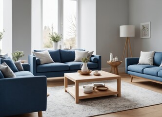 Cozy Living Room with Blue Sofa and Armchairs in Scandinavian Style
